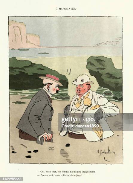 vintage french cartoon, about a cuckold husband complaining to his friend, victorian humour - eccentric stock illustrations