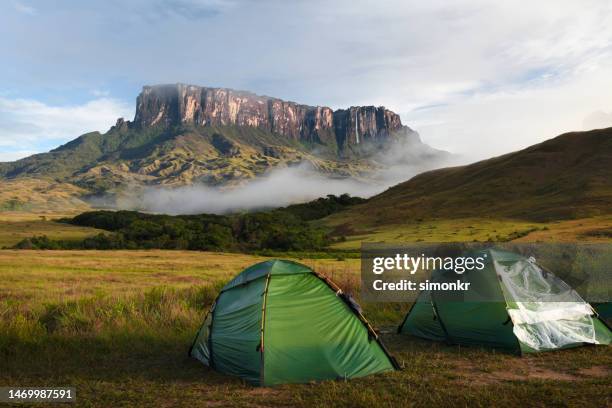 tents on grassy landscape - mt roraima stock pictures, royalty-free photos & images