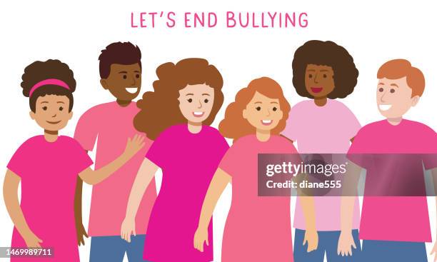 stockillustraties, clipart, cartoons en iconen met students wearing pink shirts for anti-bullying day - anti bullying