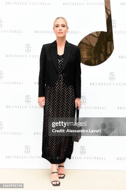 Amelia Spencer is seen at the Brunello Cucinelli Fall-Winter 23/24 Women Collection Presentation during Milan Fashion Week on February 22, 2023 in...
