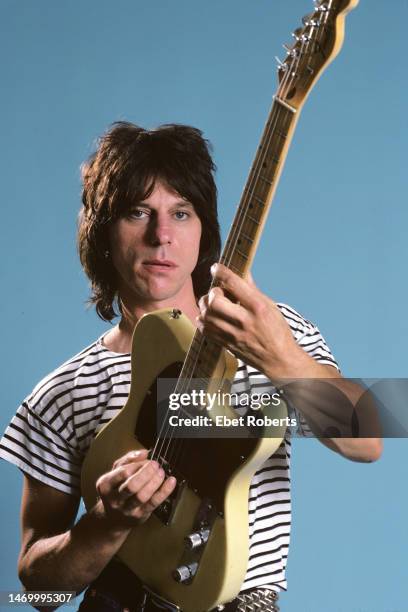 English rock guitarist, Jeff Beck , holding a Fender Telecaster guitar, New York City, 9th August 1985.