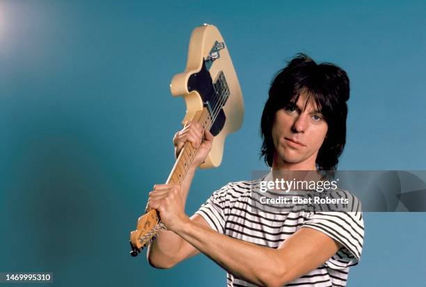 English rock guitarist, Jeff Beck , holding a Fender Telecaster guitar, New York City, 9th August 1985.