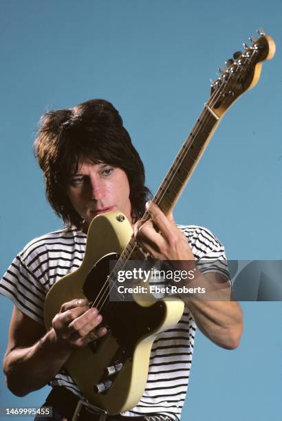 English rock guitarist, Jeff Beck , holding a Fender Telecaster guitar, New York City, 9th August 1985.