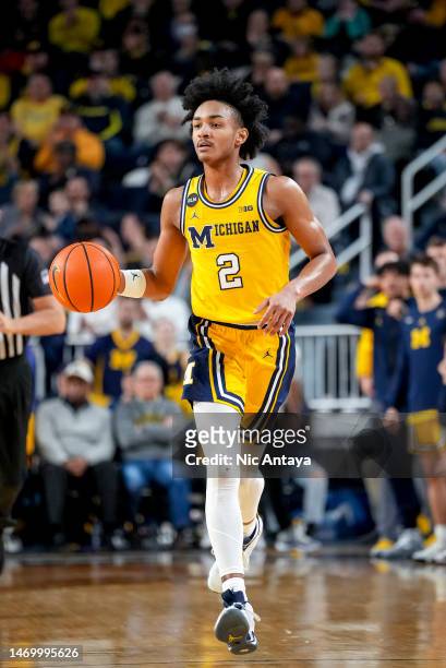 Kobe Bufkin of the Michigan Wolverines handles the ball against the Wisconsin Badgers at Crisler Arena on February 26, 2023 in Ann Arbor, Michigan.