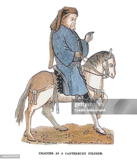 old engraved illustration of geoffrey chaucer as the canterbury pilgrim - illustration stock pictures, royalty-free photos & images