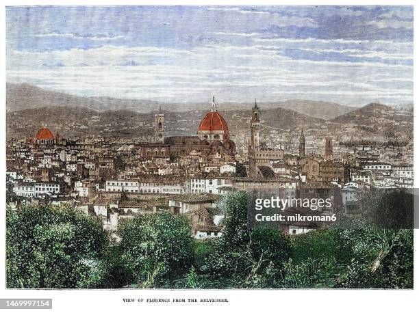 old engraved illustration of view of florence (capital city of the tuscany region) from the belvedere - illustration stock pictures, royalty-free photos & images