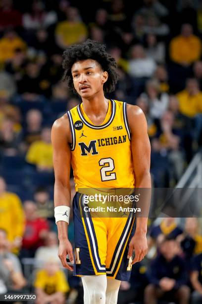 Kobe Bufkin of the Michigan Wolverines looks on against the Wisconsin Badgers at Crisler Arena on February 26, 2023 in Ann Arbor, Michigan.