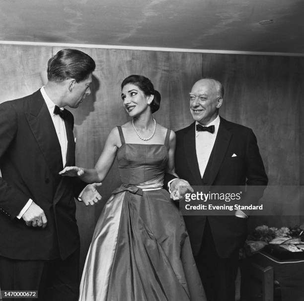 Opera singer Maria Callas at the Royal Festival Hall with Lord Harewood and Chief Executive of the Royal Opera House David Webster , London,...