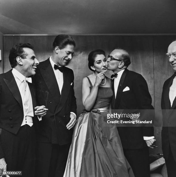 Opera singer Maria Callas at the Royal Festival Hall with her manager Sandor Gorlinsky, Lord Harewood and conductor Nicola Rescigno , London,...