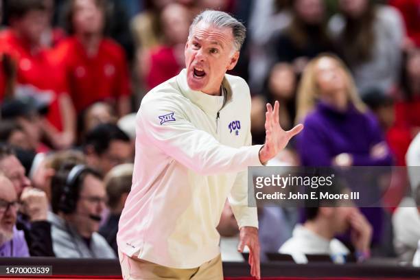 Head coach Jamie Dixon of the TCU Horned Frogs shouts during the second half of the college basketball game against the Texas Tech Red Raiders at...