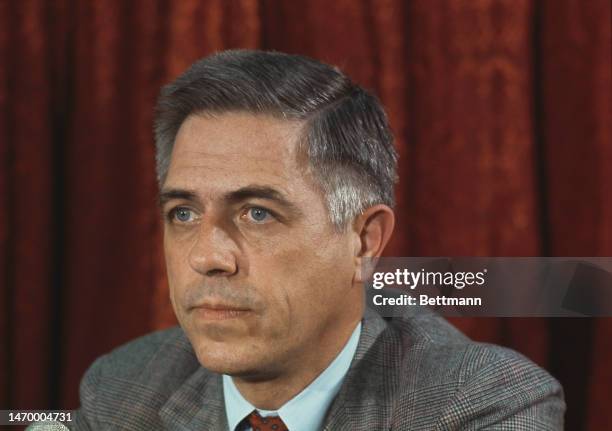 Close-up of Republican Senator James Buckley at a press conference in New York on February 14th, 1974.