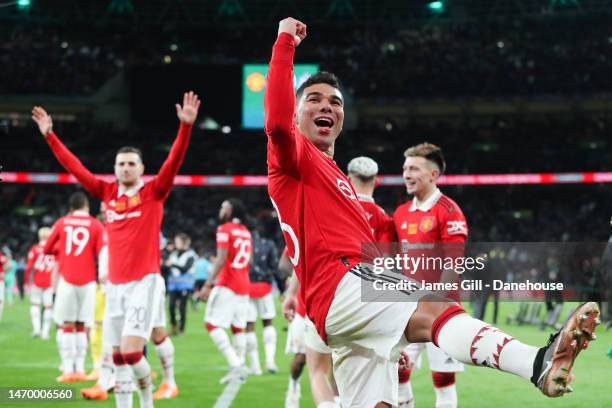 Casemiro of Manchester United celebrates following the Carabao Cup Final match between Manchester United and Newcastle United at Wembley Stadium on...