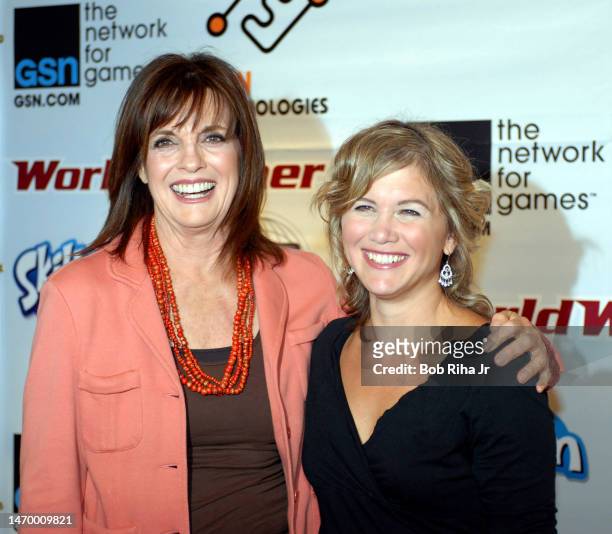 Celebrity gamers Tracey Gold and teammate Linda Gray celebrated their victory after winning an on-line challenge of the word game 'Lingo' against...