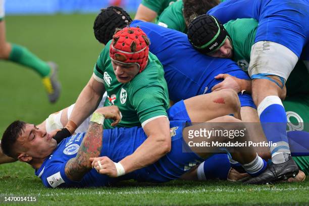 The player from Italy Pierre Bruno and the player from Ireland Josh van der Flier during the six nations Rugby Italy-Ireland tournament match at the...
