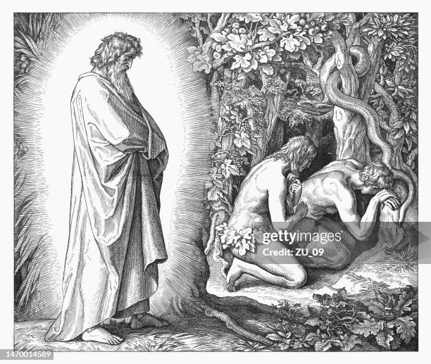 fall of man (genesis 3, 8), wood engraving, published 1860 - adam and eve stock illustrations