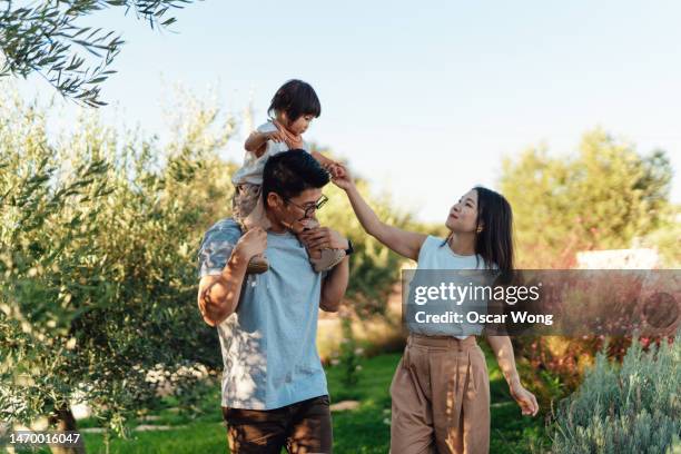 portrait of happy young asian family in the nature - asian baby stock pictures, royalty-free photos & images