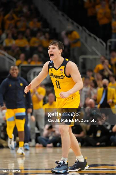 Tyler Kolek of the Marquette Golden Eagles reacts in the first half against the DePaul Blue Demons at Fiserv Forum on February 25, 2023 in Milwaukee,...