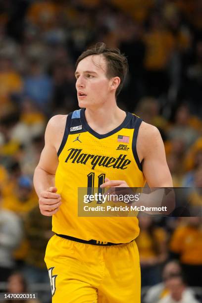 Tyler Kolek of the Marquette Golden Eagles in action against the DePaul Blue Demons in the first half at Fiserv Forum on February 25, 2023 in...