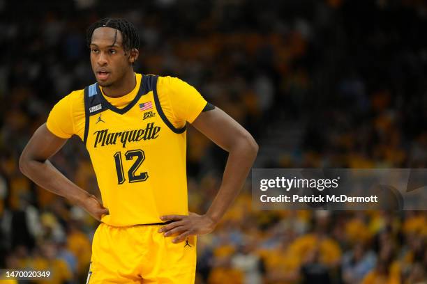 Olivier-Maxence Prosper of the Marquette Golden Eagles looks on against the DePaul Blue Demons in the first half at Fiserv Forum on February 25, 2023...