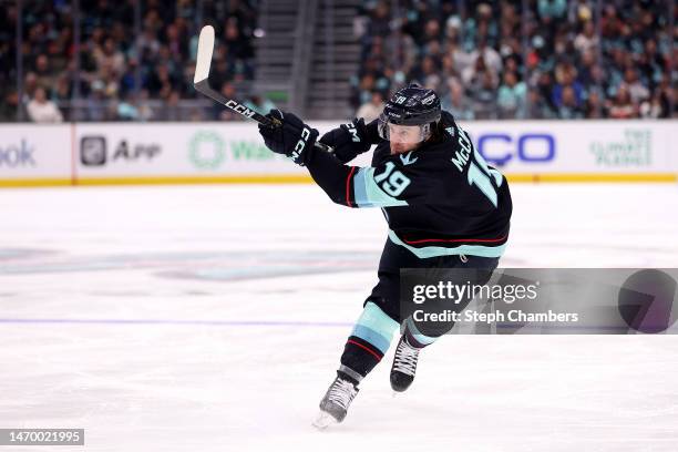 Jared McCann of the Seattle Kraken shoots against the Toronto Maple Leafs during the second period at Climate Pledge Arena on February 26, 2023 in...