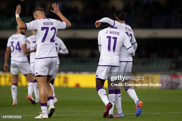 Antonin Barak of ACF Fiorentina celebrates after scoring his team's first goal during the Serie A match between Hellas Verona and ACF Fiorentina at...
