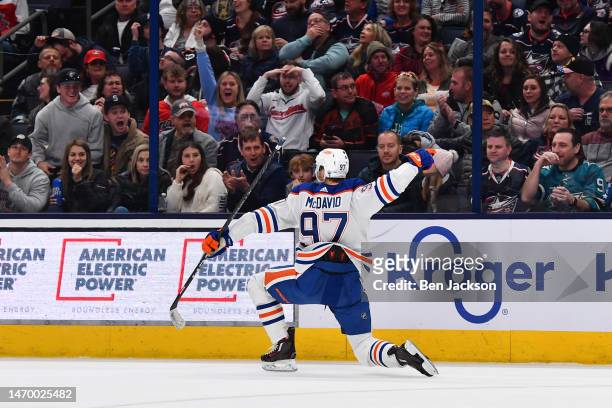 Connor McDavid of the Edmonton Oilers reacts after scoring a goal during the second period of a game against the Columbus Blue Jackets at Nationwide...