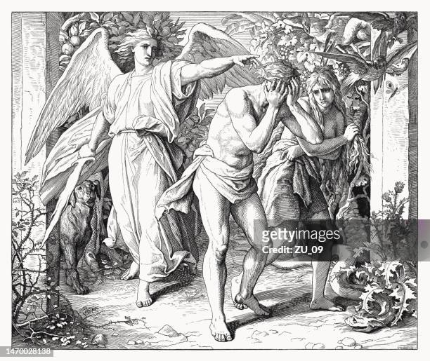 stockillustraties, clipart, cartoons en iconen met expulsion from paradise (genesis 3, 23-24), wood engraving, published 1860 - adam and eve in garden