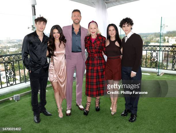 Asher Angel, Rachel Zegler, Zachary Levi, Helen Mirren, Lucy Liu, and Jack Dylan Grazer attend the photo call for Warner Bros. "Shazam! Fury Of The...