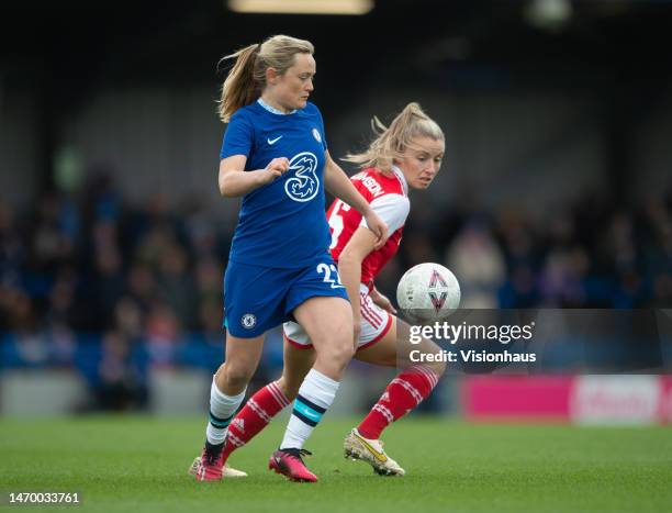 Erin Cuthbert of Chelsea Women in action with Leah Williamson of Arsenal Women during the Vitality Women's FA Cup Fifth Round match between Chelsea...