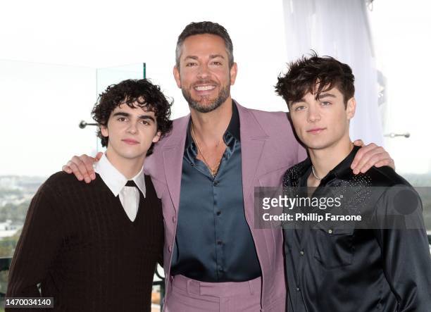 Jack Dylan Grazer, Zachary Levi and Asher Angel attend the photo call for Warner Bros. "Shazam! Fury Of The Gods" at The London West Hollywood at...