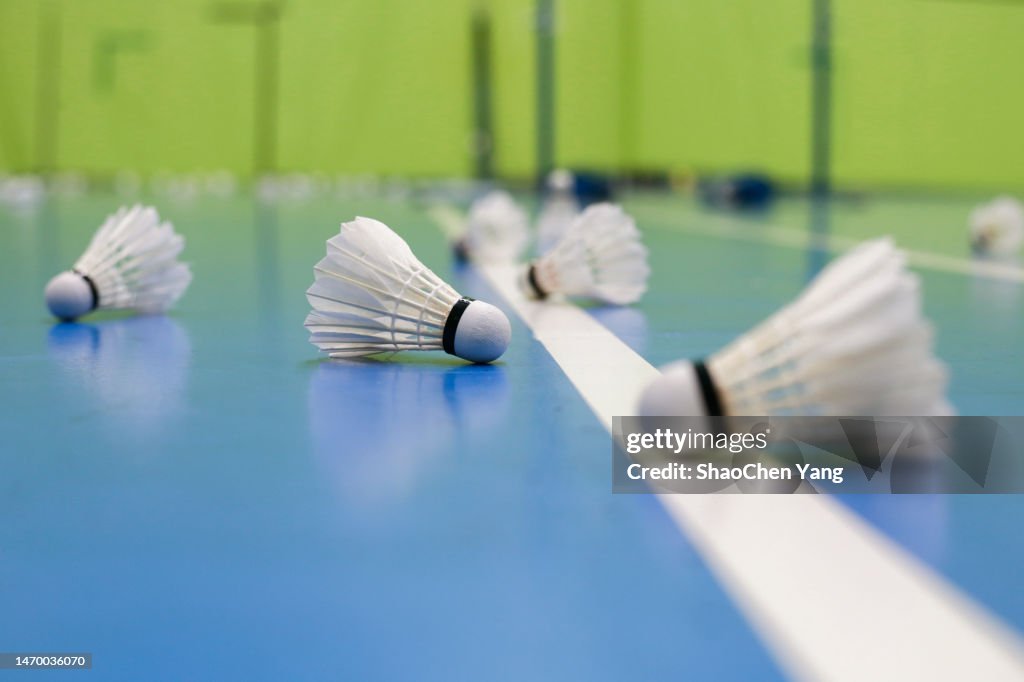 Badminton shuttles on court