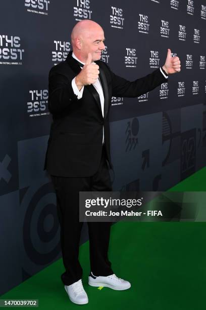 Giovanni Infantino, President of FIFA poses for a photo on the Green Carpet ahead of The Best FIFA Football Awards 2022 on February 27, 2023 in...