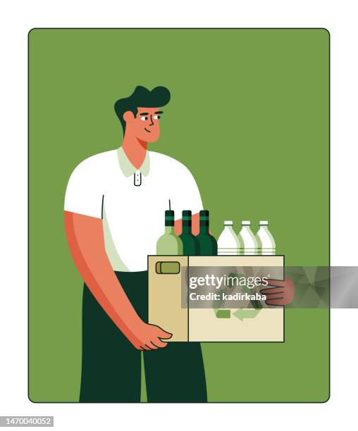 vektorillustration von recyclingkonzept und young man waste management - 2d characters stock-grafiken, -clipart, -cartoons und -symbole