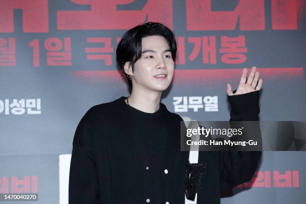 Suga of boy band BTS aka Bangtan Boys is seen at 'The Devil's Deal' VIP Screening at COEX Megabox on February 27, 2023 in Seoul, South Korea. The...
