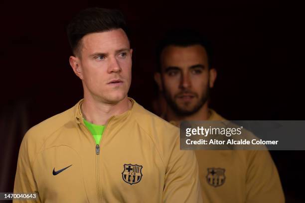Marc Andre Ter Stegen of FC Barcelona looks on prior to the LaLiga Santander match between UD Almeria and FC Barcelona at Juegos Mediterraneos on...