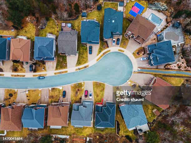 aerial view of suburb cul-de-sac - cul de sac stock pictures, royalty-free photos & images