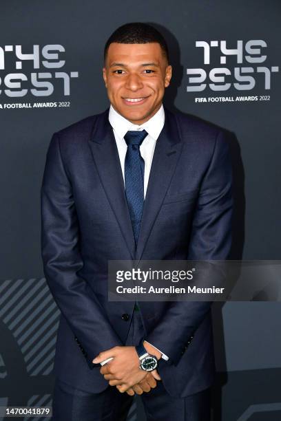 Kylian Mbappe poses for a photo on the Green Carpet ahead of The Best FIFA Football Awards 2022 on February 27, 2023 in Paris, France.