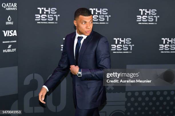 Kylian Mbappe reacts on the Green Carpet ahead of The Best FIFA Football Awards 2022 on February 27, 2023 in Paris, France.