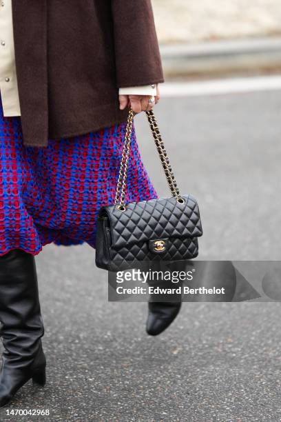 Guest wears a dark brown wool oversized blazer jacket, a neon purple and red braided checkered pattern wool knees skirt, a black shiny leather...