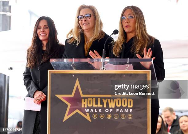 Courteney Cox, Lisa Kudrow and Jennifer Aniston speak onstage during the Hollywood Walk of Fame Star Ceremony for Courteney Cox on February 27, 2023...