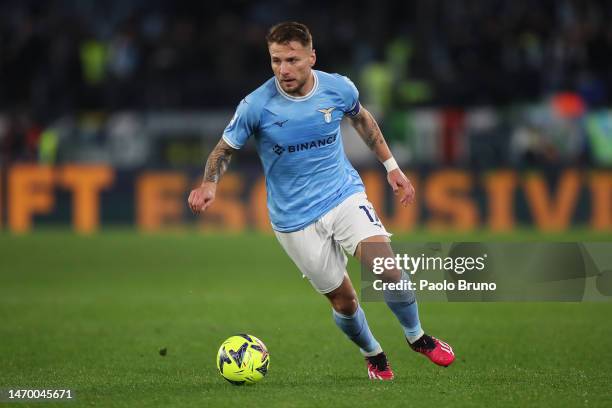 Ciro Immobile of SS Lazio holds the ball during the Serie A match between SS Lazio and UC Sampdoria at Stadio Olimpico on February 27, 2023 in Rome,...