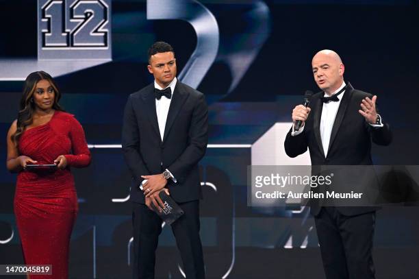 Gianni Infantino, President of FIFA addresses the audience during The Best FIFA Football Awards on February 27, 2023 in Paris, France.