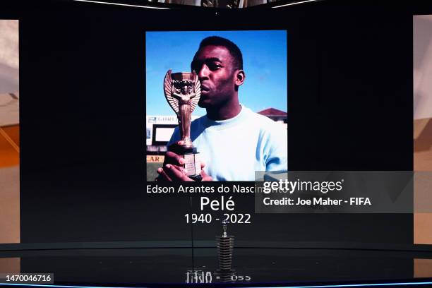 Tribute in remembrance of Pele is shown during The Best FIFA Football Awards 2022 on February 27, 2023 in Paris, France.