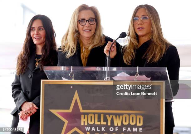 Courteney Cox, Lisa Kudrow and Jennifer Aniston speak onstage during the Hollywood Walk of Fame Star Ceremony for Courteney Cox on February 27, 2023...