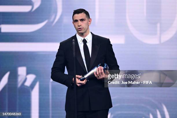Emiliano Martinez speaks to the audience after being awarded with the Best Men's Goalkeeper award during The Best FIFA Football Awards 2022 on...