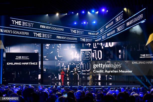 Emiliano Martinez speaks to the audience after being presented with the Best Men's Goalkeeper award during The Best FIFA Football Awards 2022 on...