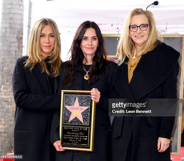 Jennifer Aniston, Courteney Cox and Lisa Kudrow attend the Hollywood Walk of Fame Star Ceremony for Courteney Cox on February 27, 2023 in Hollywood,...