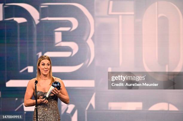 Mary Earps speaks to the audience after receiving the Best FIFA Womens Goalkeeper award during The Best FIFA Football Awards 2022 on February 27,...
