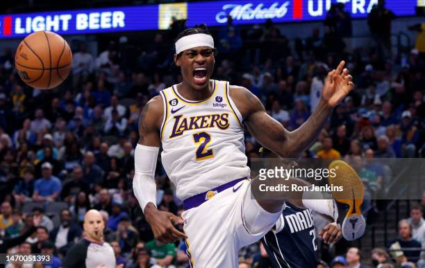 Jarred Vanderbilt of the Los Angeles Lakers slam dunks against the Dallas Mavericks in the second half at American Airlines Center on February 26,...
