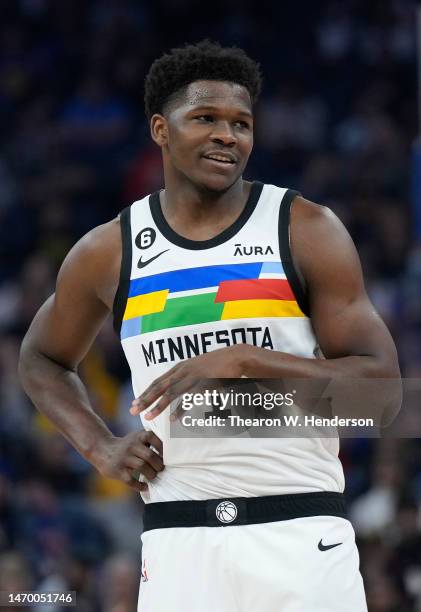 Anthony Edwards of the Minnesota Timberwolves looks on against the Golden State Warriors during the first quarter of an NBA basketball game at Chase...
